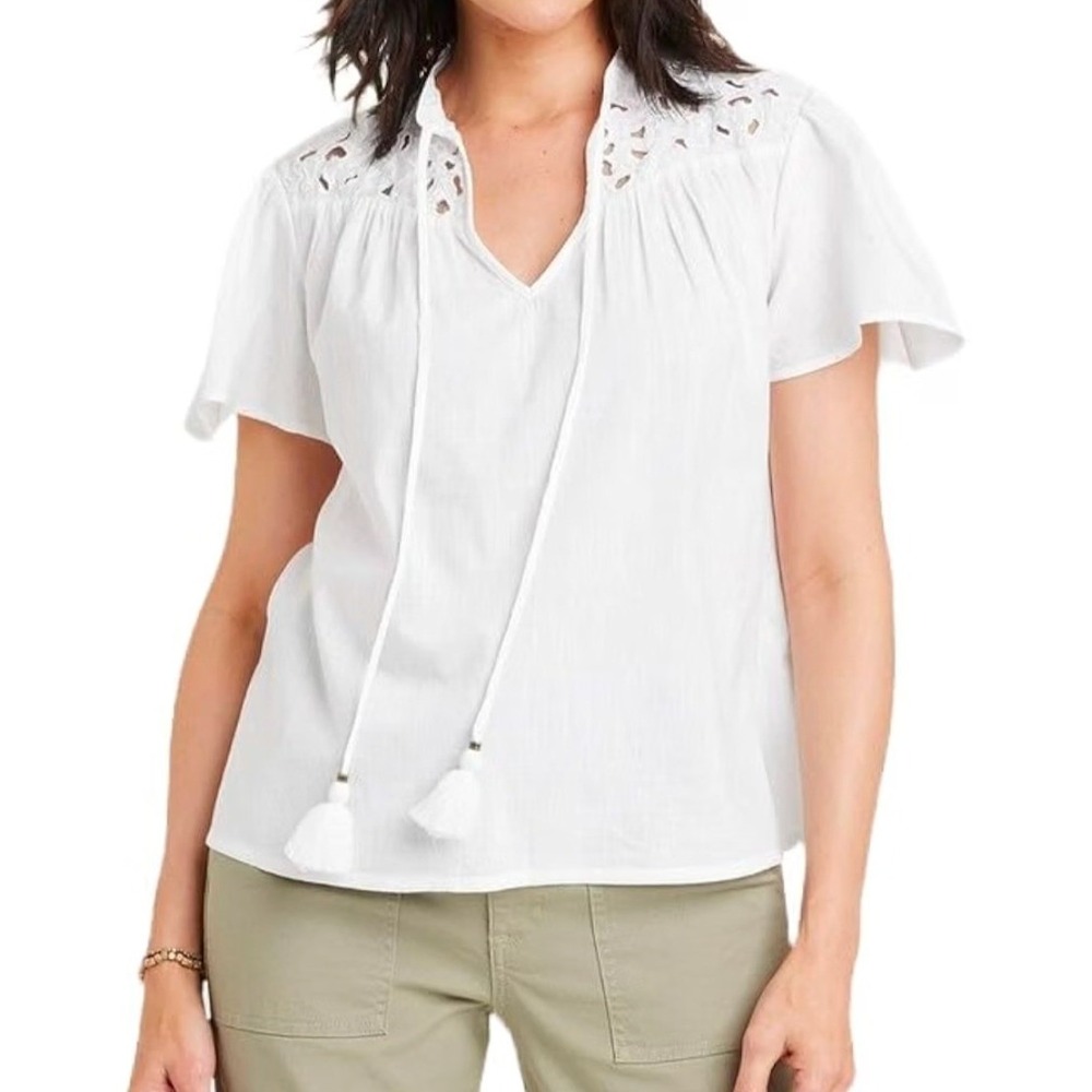 Women's Knox rose short sleeve V-neck woven Eyelet top size S white